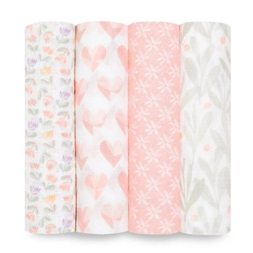 Aden + Anais - Essentials Cotton Muslin Swaddles - 4 pack Piece of my Heart Blankets & Swaddles