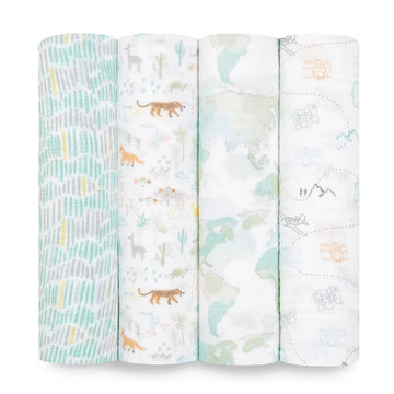 Aden + Anais - Essentials Cotton Muslin Swaddles - 4 pack Voyager Blankets & Swaddles