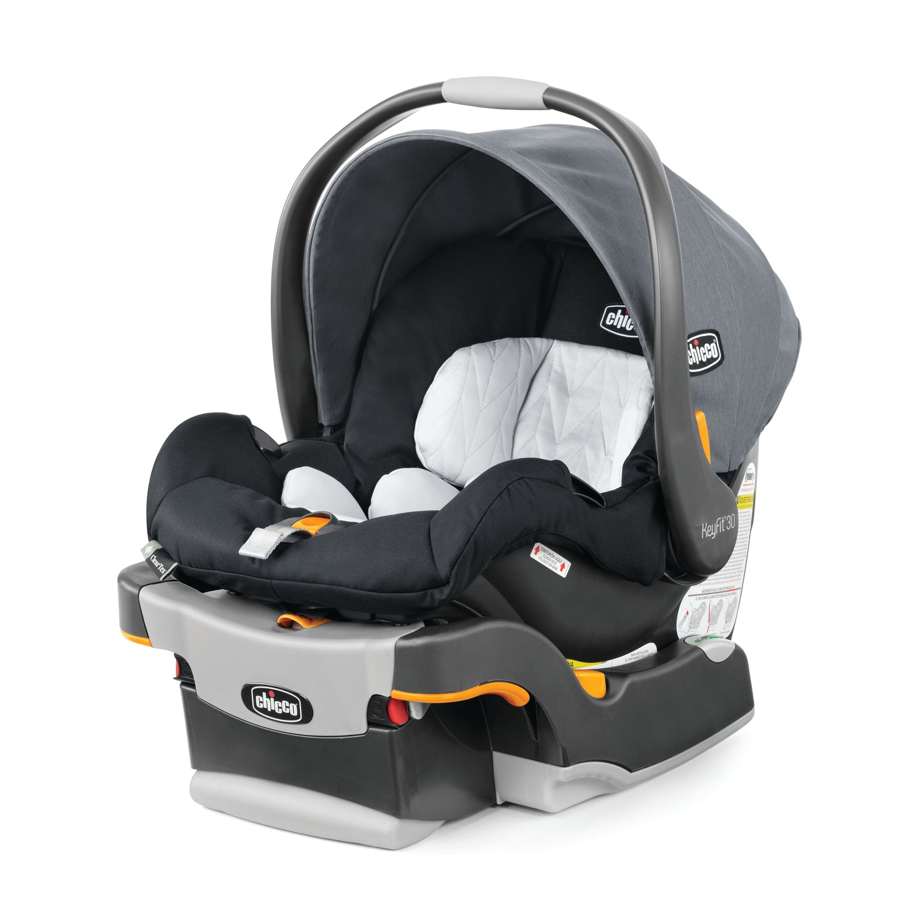 Chicco KeyFit® 35 ClearTex® Infant Car Seat with gray canopy, featuring clear fabric for reduced chemical exposure and easy-to-use base.