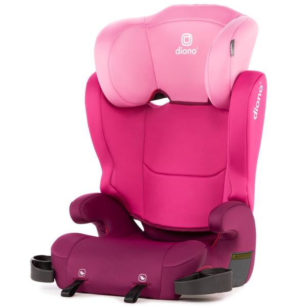 	Diono Cambria 2 Booster Car Seat in pink, featuring reinforced side wings and belt guides for secure seatbelt positioning.