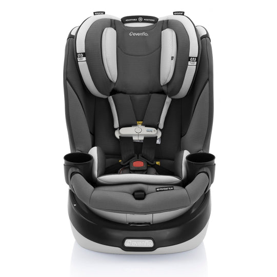 	Evenflo convertible car seat in grey with side impact protection, 5-point harness, and cup holders.