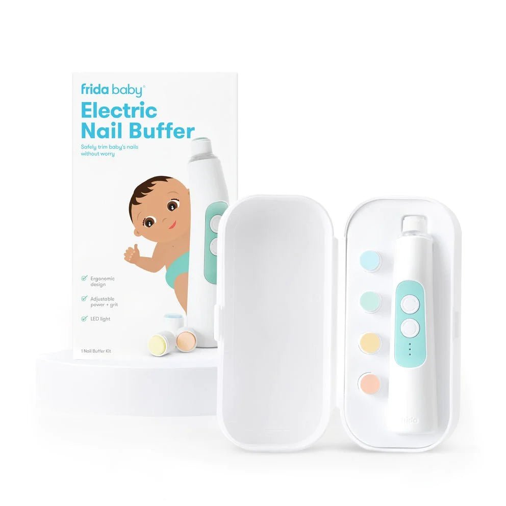 Frida Baby Electric Nail Buffer with case and multiple grit heads for safe newborn nail care in Canada.
