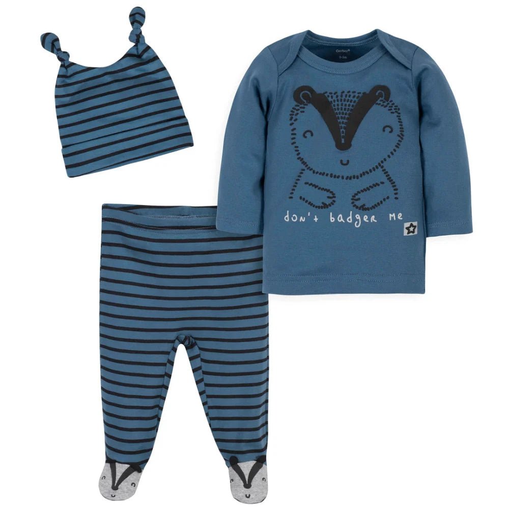 Gerber - Baby Badger Shirt, Footed Pant + Cap Set