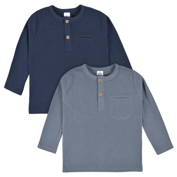 Gerber - Baby & Toddler Boys Waffle Knit Henleys - 2 Pack Grey/Blue / 12m Baby & Toddler Clothing