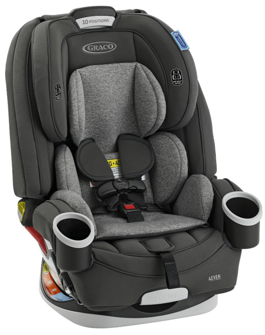 Graco 4Ever convertible car seat with adjustable 10-position harness and cup holders.