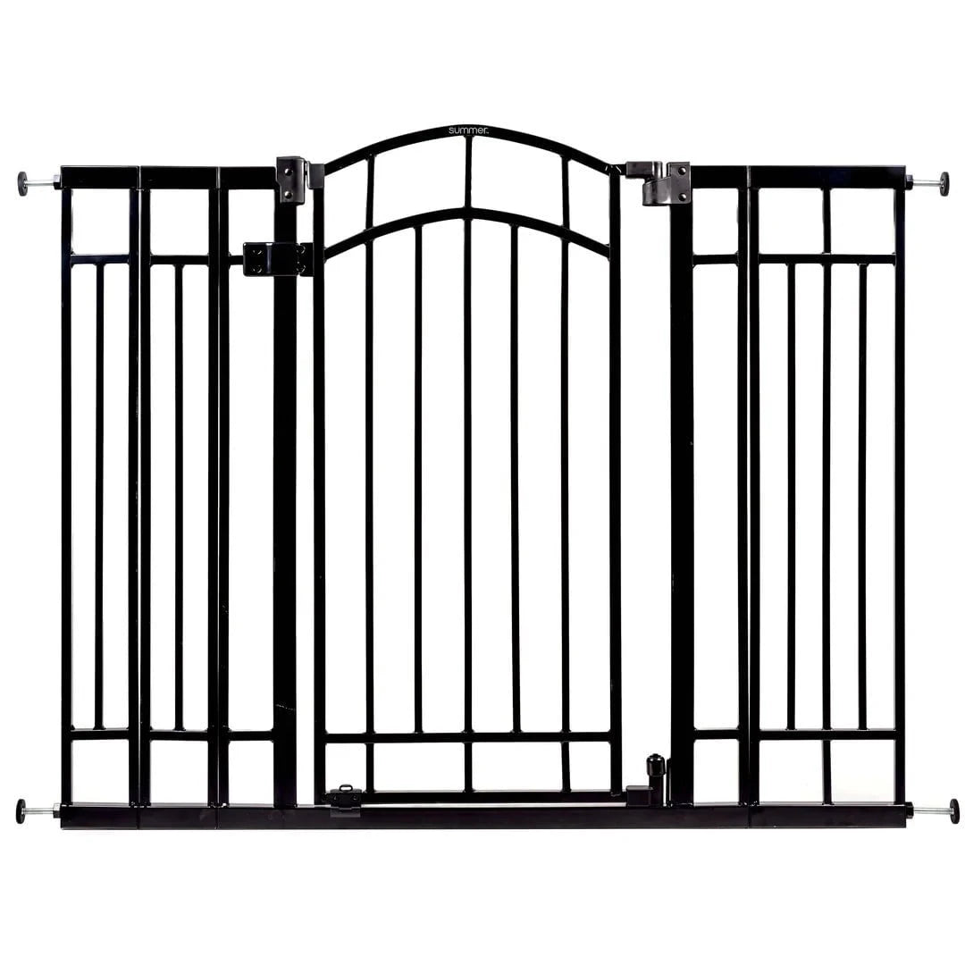 Black metal safety gate with an arched top and adjustable mounts for securing doorways or stairways.
