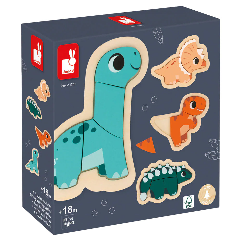 Janod - Dino: 4 Progressive Difficulty Puzzle (2-3-4-5pcs)