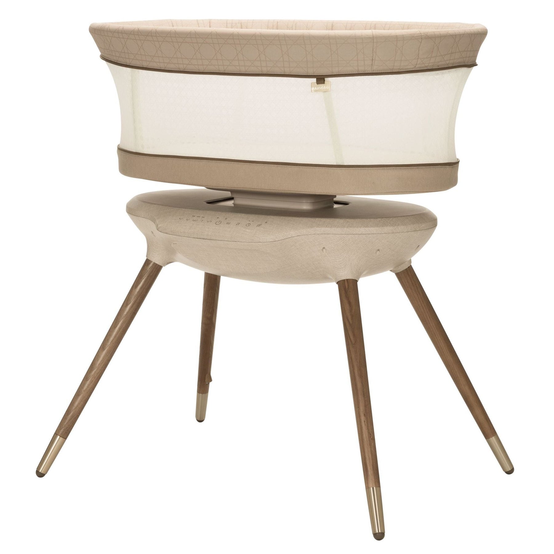 A modern bassinet with a mesh side, wooden legs, and a control panel for adjustable settings.
