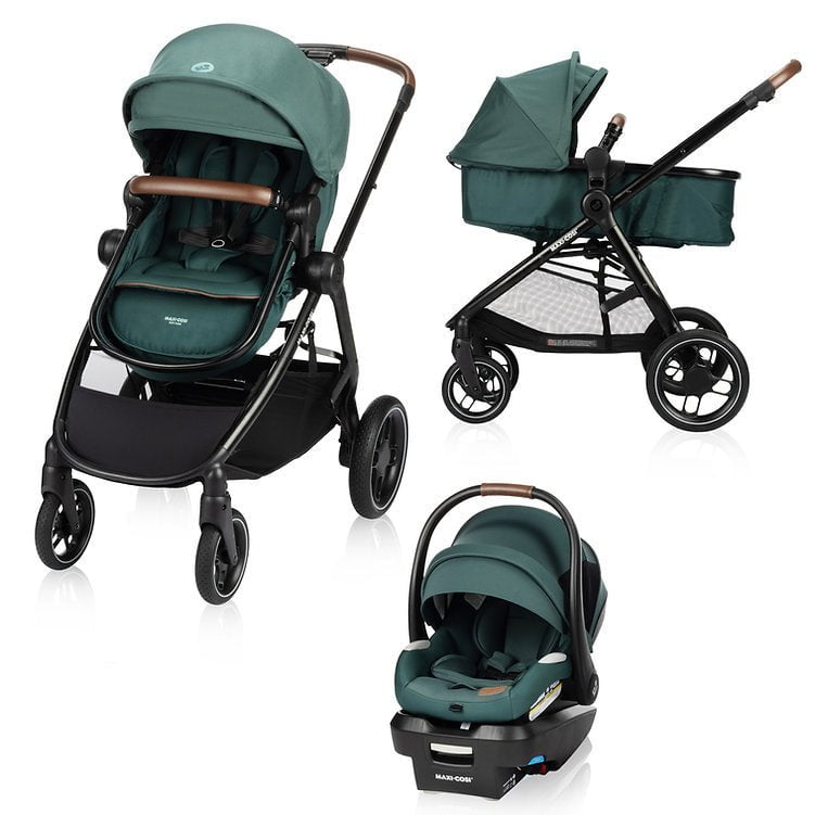 Maxi Cosi Zelia Luxe 5-in-1 Modular Travel System in deep green with stroller, bassinet, and infant car seat configurations.