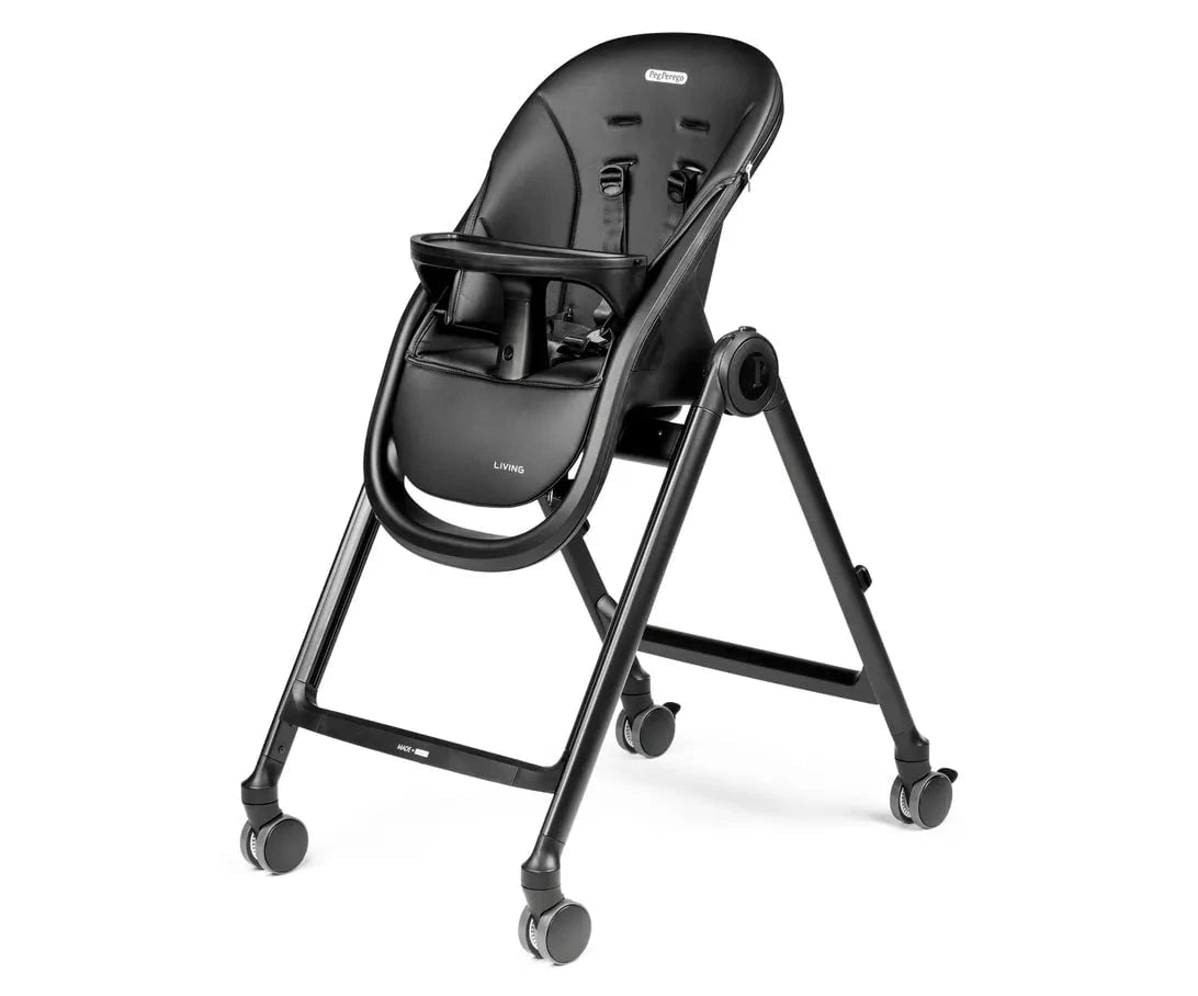 Black adjustable baby high chair with a 5-point harness and caster wheels.