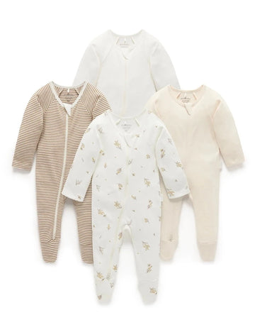 Purebaby - Organic Cotton Printed Zippered Footie - 4 Pack Baby & Toddler Clothing