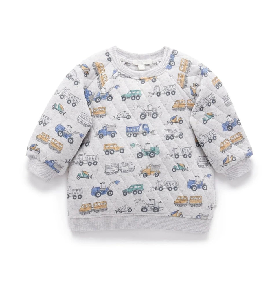 Purebaby - Quilted Slouchy Pullover - Snow Vehicles