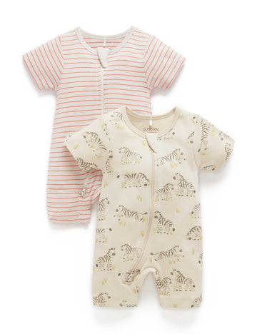 Purebaby - Zippered Romper - 2 Pack Grazing Zebra / 0-3M Baby & Toddler Clothing
