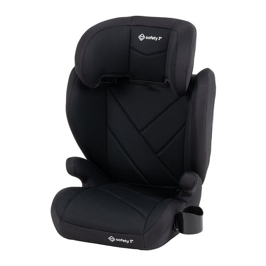 	Black Safety 1st high-back booster car seat with side impact protection and built-in cup holder.
