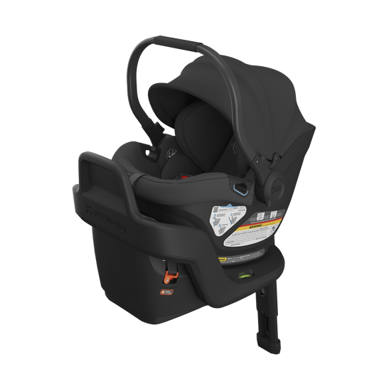 UPPAbaby Aria Lightweight Infant Car Seat with a sleek black design, featuring color-coded installation indicators.