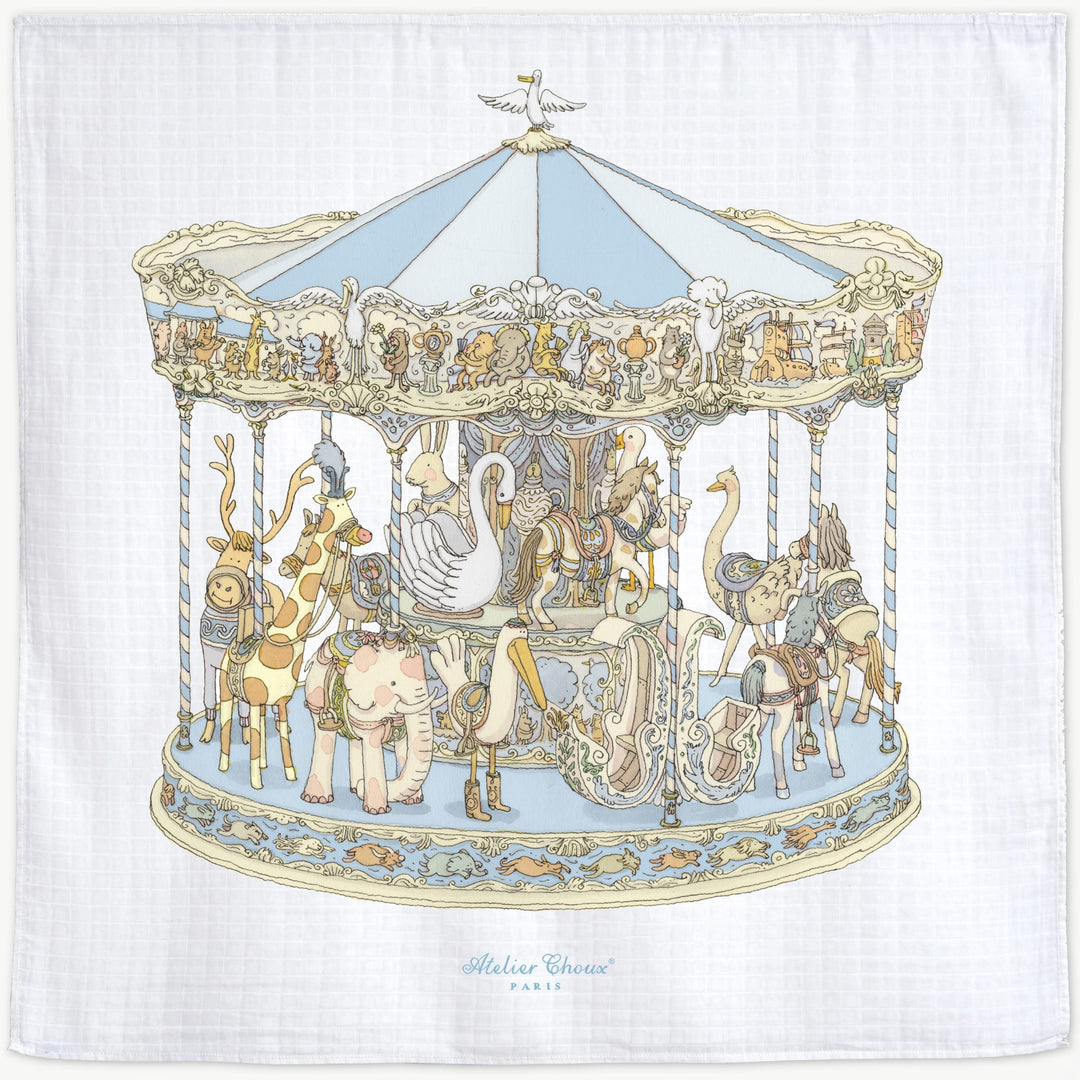 Atelier Choux メリーゴーランド カルーゼルブルー　ブランケット Atelier Choux Paris - Swaddle - Blue Carousel – Little Canadian