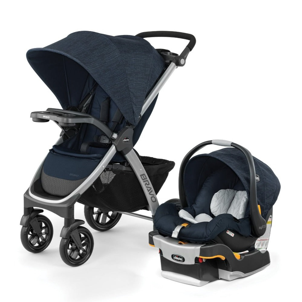 Chicco Bravo Trio Travel System with stroller and KeyFit infant car seat in navy blue fabric.