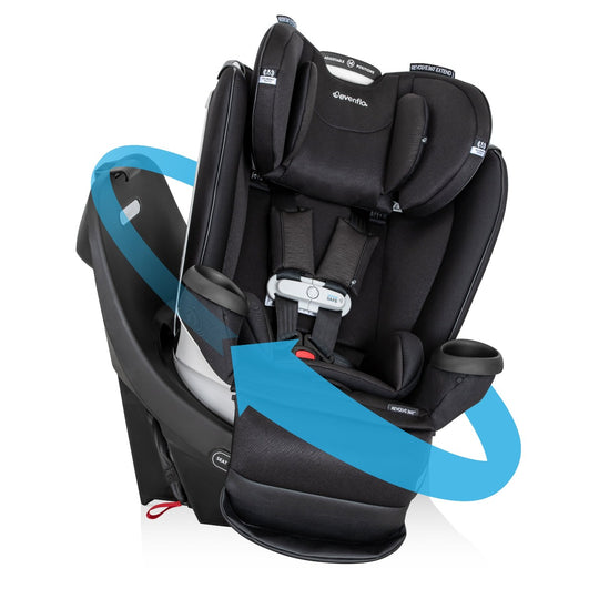 	Evenflo convertible car seat with a rotating base for easy rear-to-forward facing transition and adjustable harness.