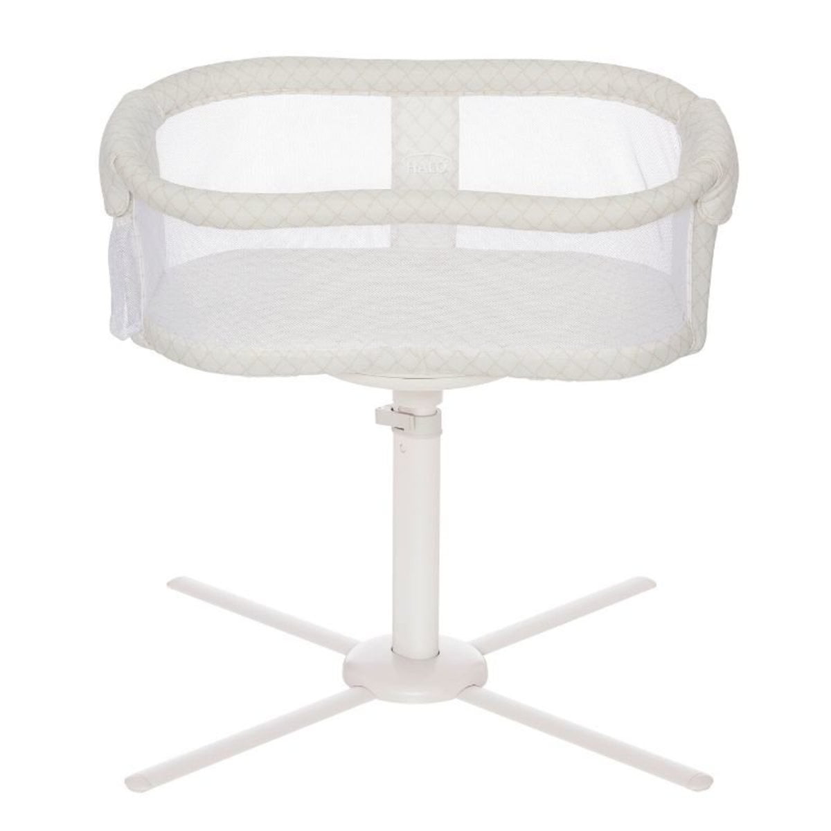A white bassinet with a mesh side, adjustable height, and a sturdy four-legged stand.