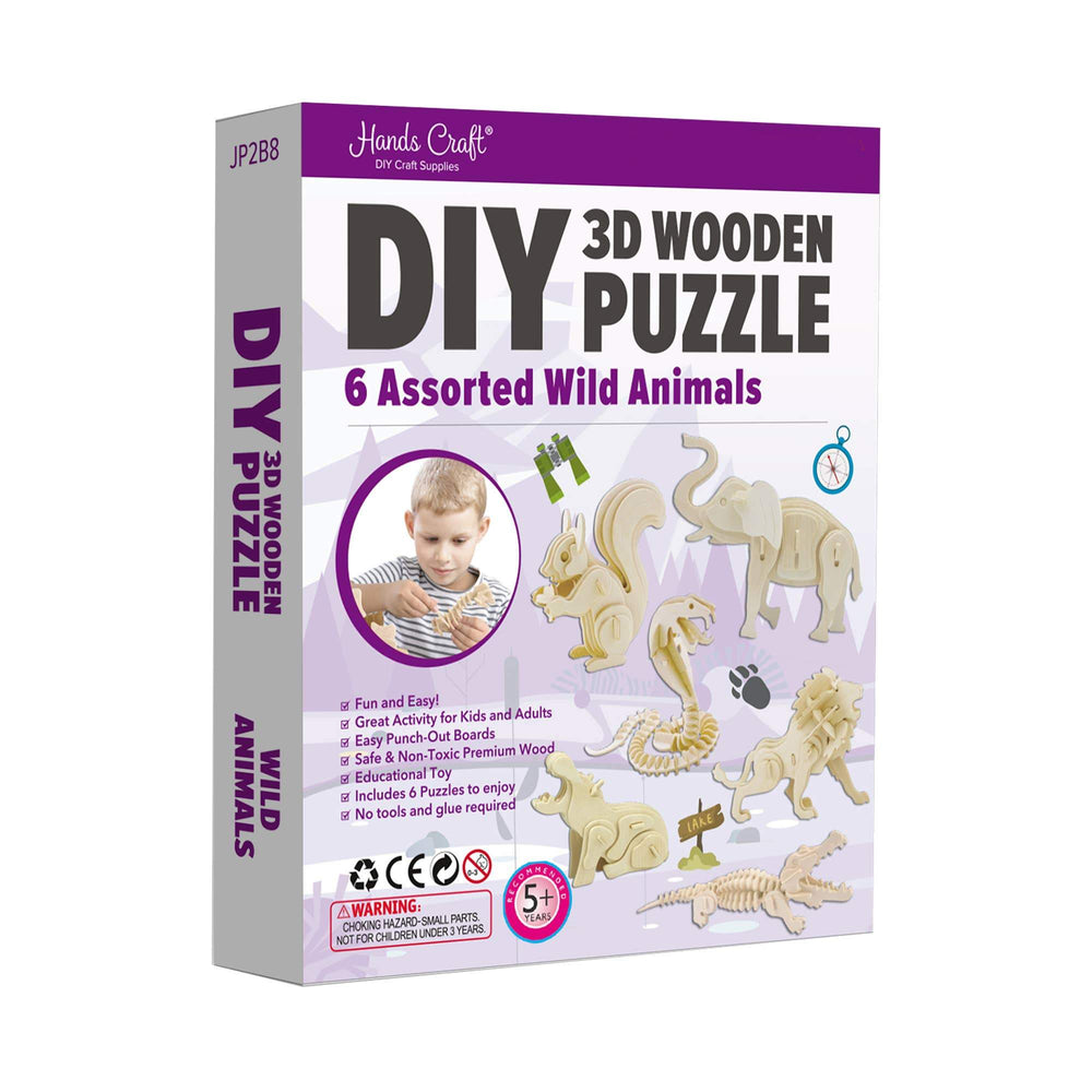 Hands Craft - 3D Wooden Wild Animals Puzzle Set (6 pack)