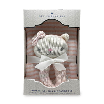 Living Textiles - Muslin Swaddle & Rattle Gift Set Ava Cat (Pink) Gift Set