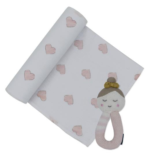 Grey Muslin Swaddle & Rattle Set - Theodore Elephant – Living Textiles Co