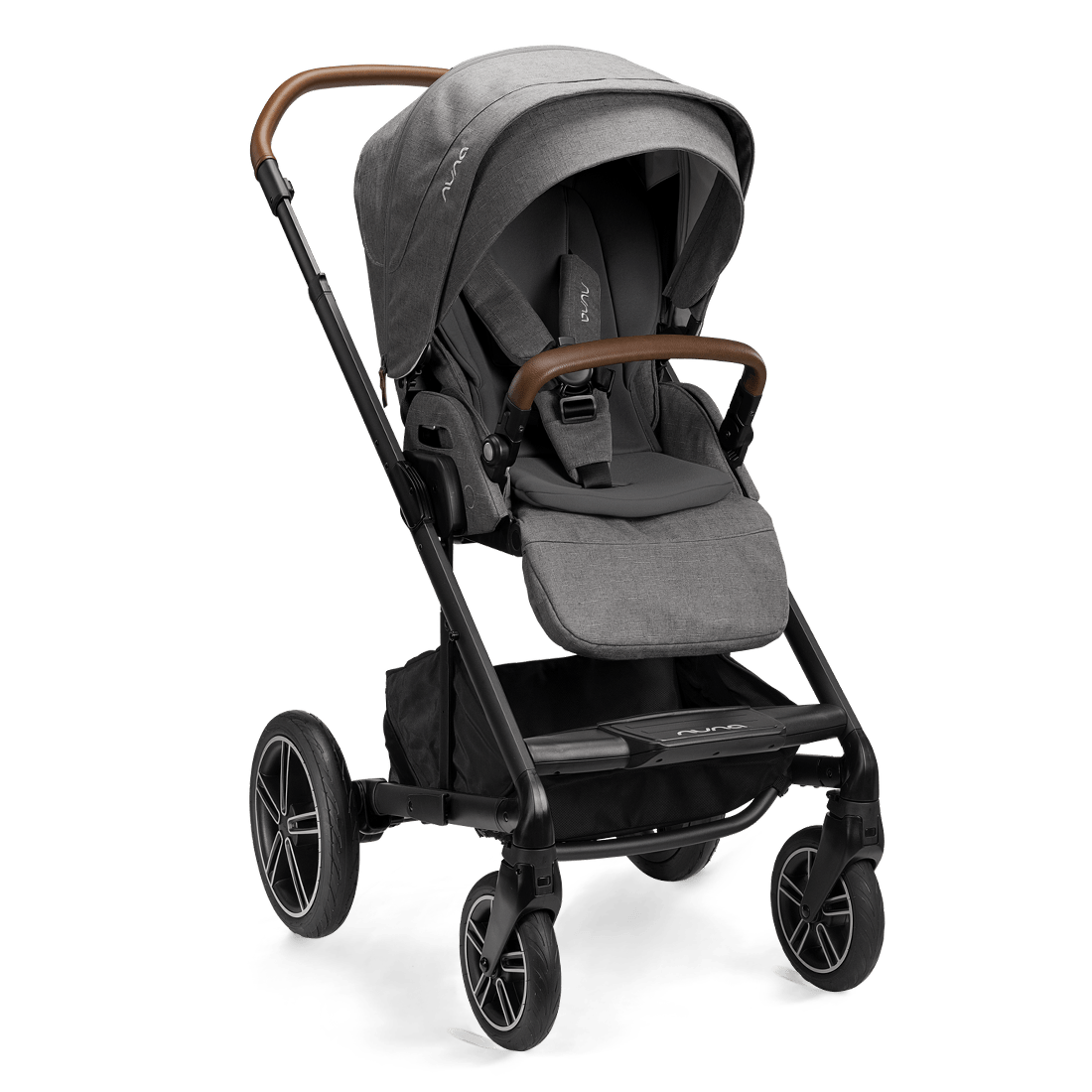 Nuna MIXX Next Stroller with a sleek black design, leatherette handlebar, and all-terrain wheels.