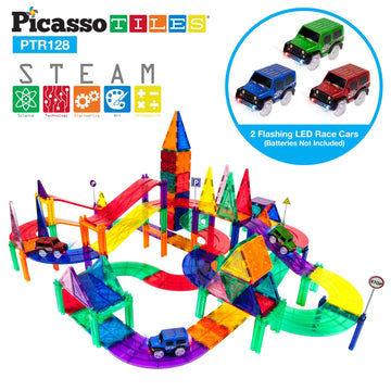 PicassoTiles - 128 Piece Race Track Set with 3 Led Cars All Toys