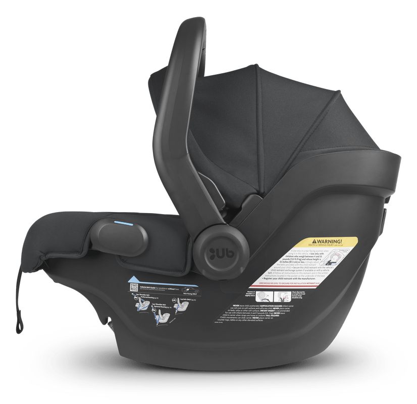 UPPAbaby MESA Infant Car Seat in black, featuring a secure base with integrated indicators for proper installation.
